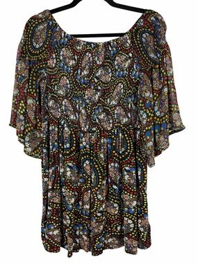 August Silk Black Multicolor Paisley Floral Smocked Boho Blouse Medium